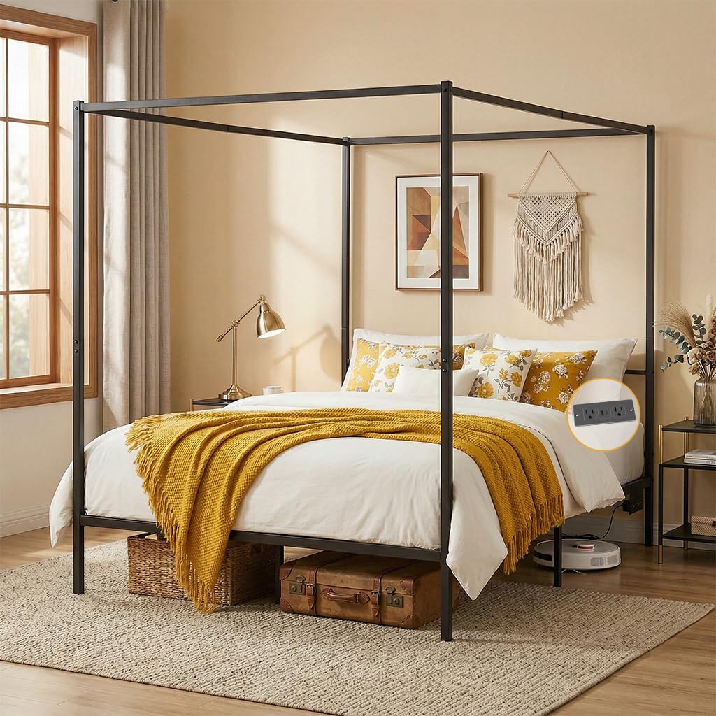 Canopy Bed Frame Metal Queen - โครงเตียงแบบมีหลังคา ขนาดควีนไซส์ ทำจากโลหะ พร้อมสถานีชาร์จแบบเคลื่อนย้ายได้ | พื้นที่เก็บของใต้เตียงขนาด