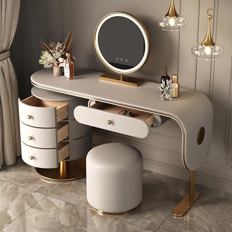 Dressing Table Vanity With Lighted Mirror - ชุดโต๊ะเครื่องแป้งไม้คุณภาพสูงแบบกำหนดเอง เฟอร์นิเจอร์ห้องนอนสไตล์เรียบง่าย พร้อมกระจกแต่งหน้าแบบ LED และลิ้นชักอัจฉริยะ