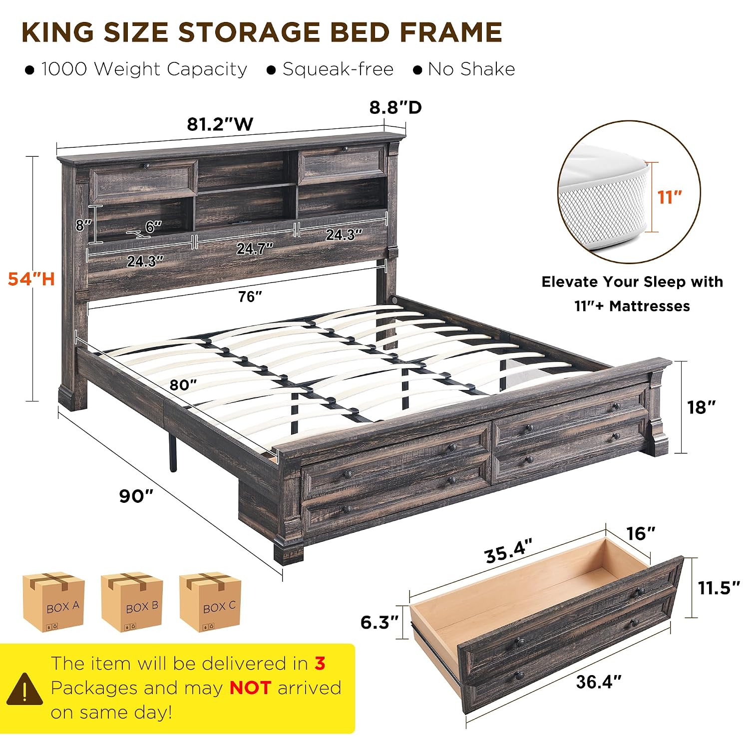 King Size Bed Frame With Storage Drawers - โครงเตียงขนาดคิงไซส์ หัวเตียง 54 นิ้ว พร้อมชั้นวางของ 4