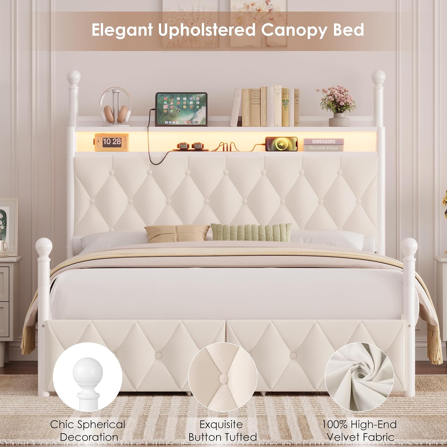 Canopy Bed Frame Metal Queen - โครงเตียงขนาดควีนไซส์พร้อมหลอดไฟ LED พร้อมที่เก็บของและสถานีชาร์จ สามารถปรับแต่งได้