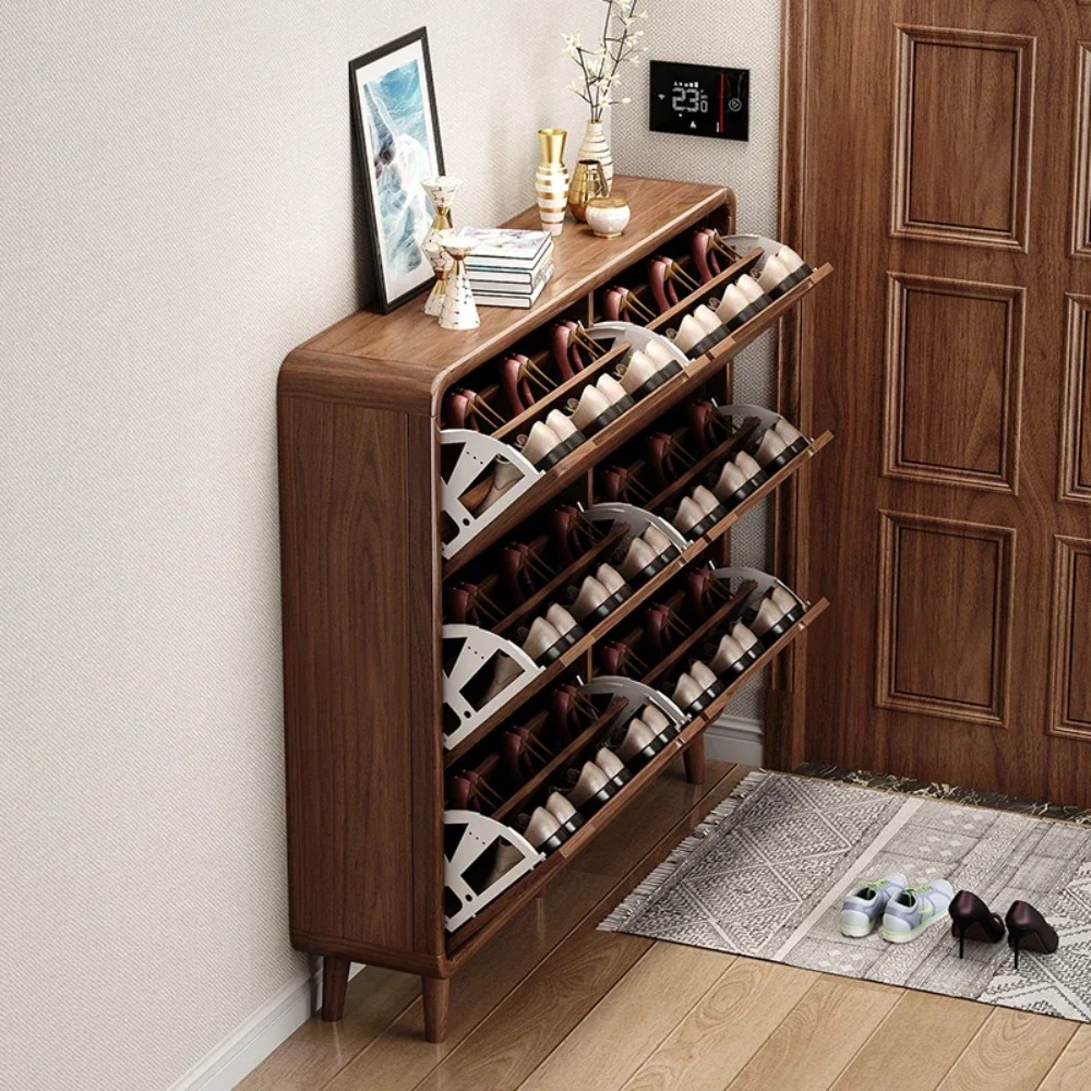 Shoe Rack Cabinet Narrow Entryway - ตู้เก็บรองเท้าแบบพับได้ทรงเพรียวบาง ตู้เก็บรองเท้าไม้สไตล์เรียบง่ายสำหรับทางเข้าบ้าน ชั้นวางรองเท้าทรงแคบสำหรับจัดเก็บรองเท้าในห้องโถงหรือห้องนั่งเล่น