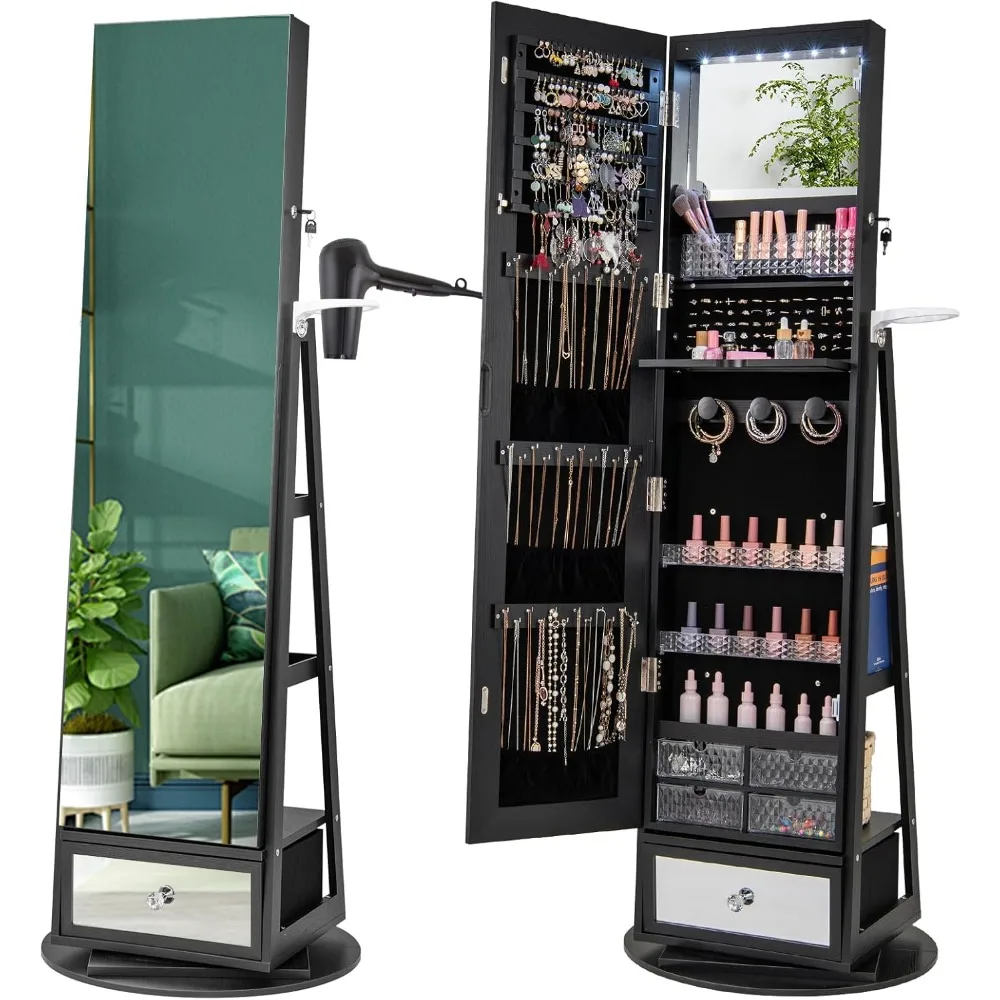 Full Length Mirror Jewelry Armoire - 360 ° ตู้เก็บเครื่องประดับแบบหมุนได้ 64.5 นิ้ว พร้อมกระจกเต็มตัวและที่เก็บเครื่องประดับ