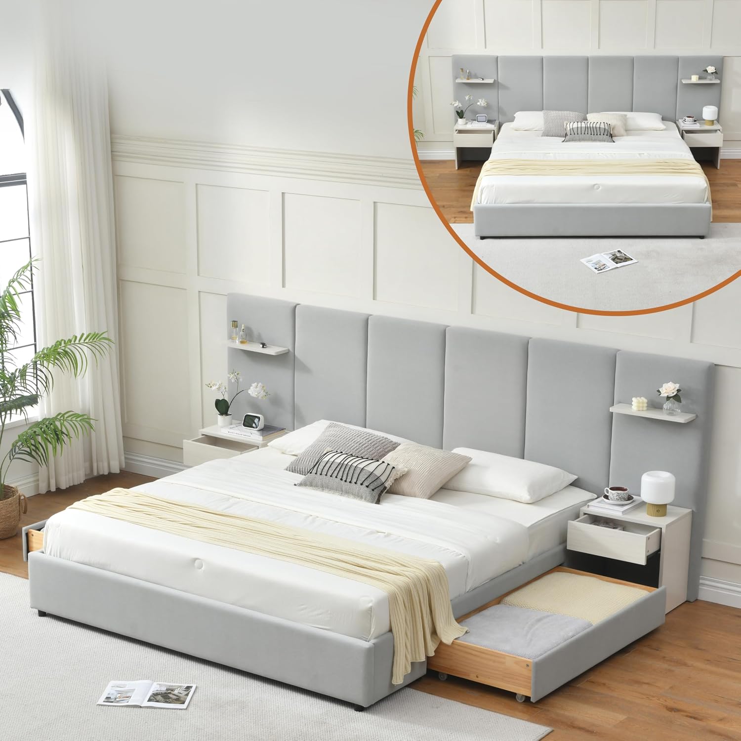 King Size Bed Frame With Storage Drawers - โครงเตียงขนาดคิงไซส์พร้อมที่เก็บของและโต๊ะข้างเตียงในตัวพร้อมลิ้นชัก สีเทา | โครงเตียงแพลตฟอร์มหุ้มกำมะหยี่พร้อมตู้ลอย 6 ตู้
