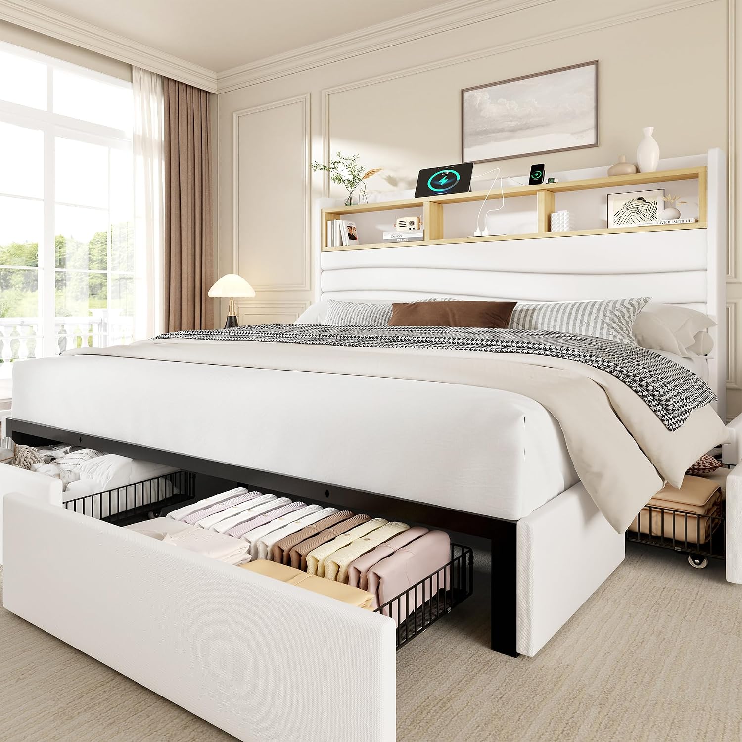 King Size Bed Frame With Storage Drawers - โครงเตียงขนาดคิงไซส์พร้อมลิ้นชักเก็บของ 6 ช่อง เตียงแพลตฟอร์มหุ้มผ้าลินินพร้อมสถานีชาร์จไฟ ดีไซน์สองชั้นทรงคลื่น ปรับแต่งได้
