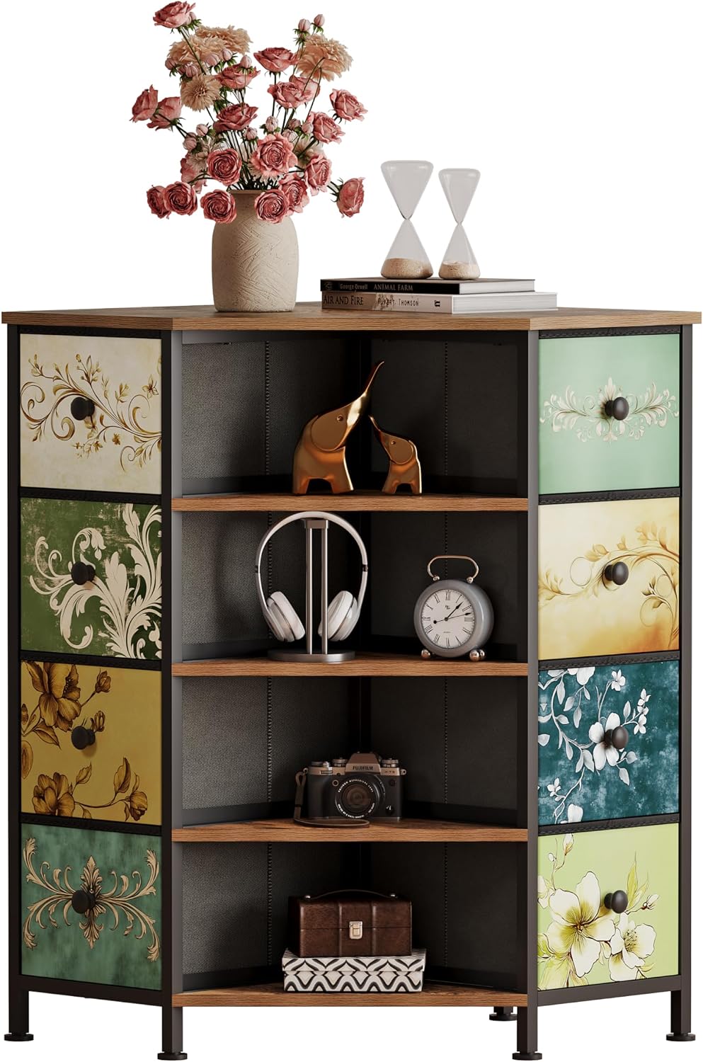 Bedroom Furniture - ตู้ลิ้นชักมุม 8 ลิ้นชักพร้อมลิ้นชักเก็บของแบบผ้าและชั้นวางของด้านบนทำจากไม้ ตู้เก็บของมุมแบบตั้งพื้นพร้อมโครงเหล็กสำหรับห้องนอน ห้องนั่งเล่น ตู้เสื้อผ้า