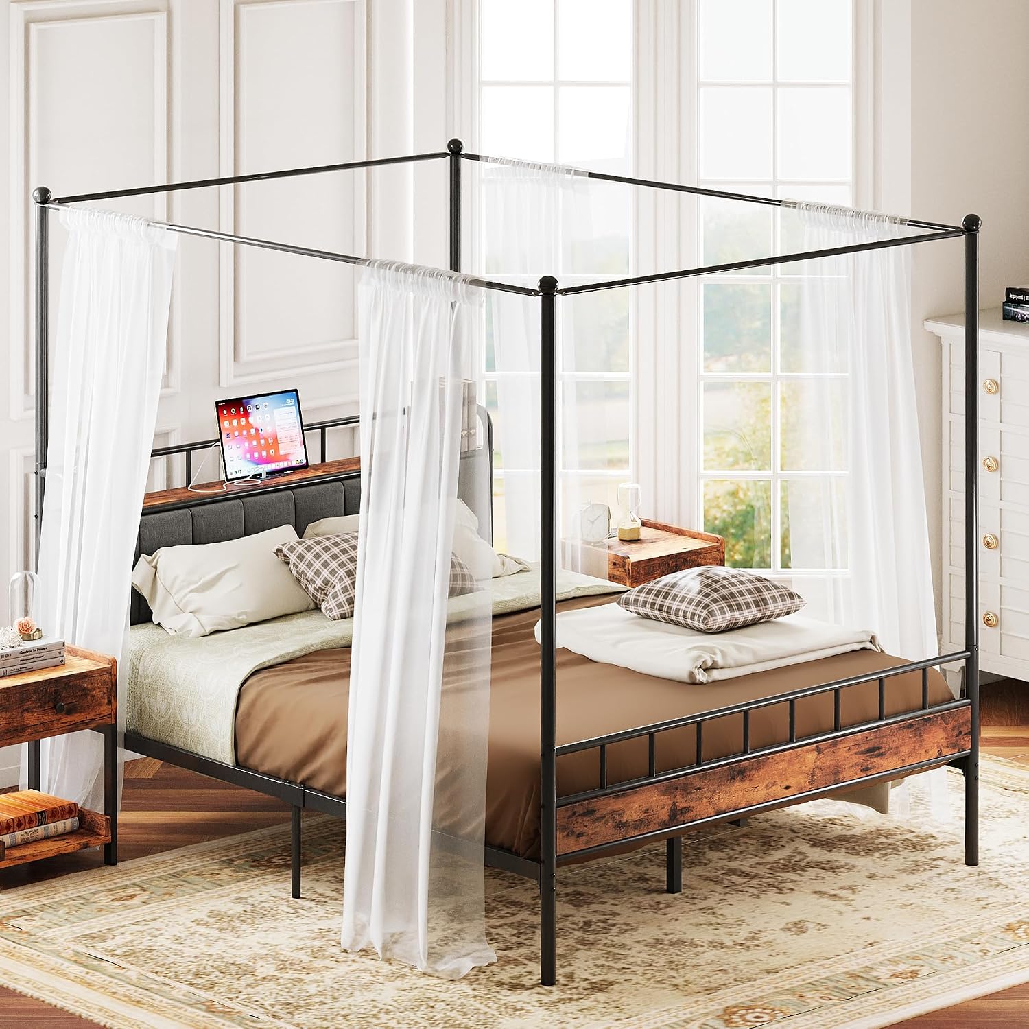Canopy Bed Frame Metal Queen - เตียงควีนไซส์พร้อมโครงเตียงแบบมีหลังคา ที่เก็บของ หัวเตียงพร้อมสถานีชาร์จไฟ โครงเตียงโลหะ ไม่ต้องใช้บ็อกซ์สปริง เฟอร์นิเจอร์ห้องนอน
