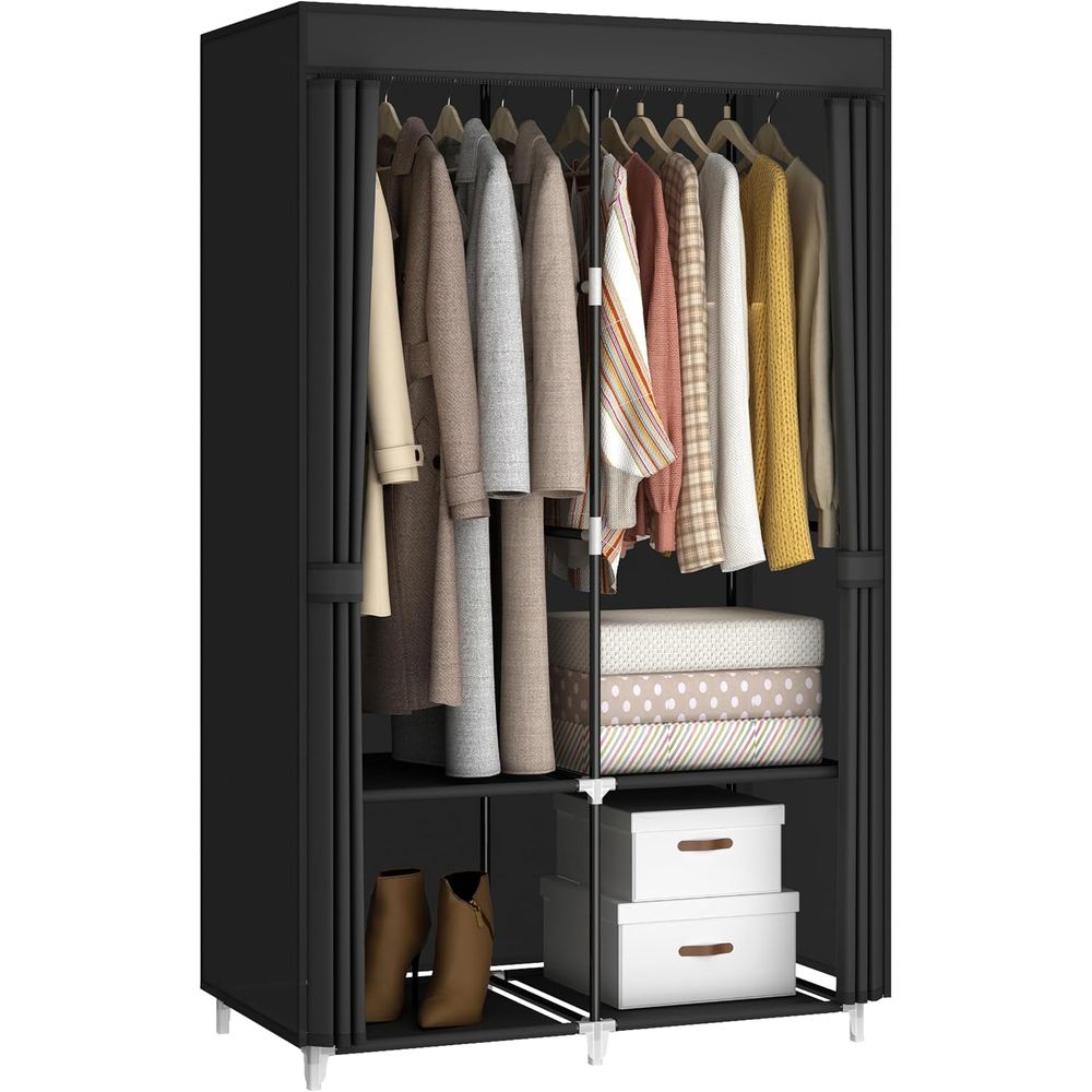 Wardrobe Closet Portable Fabric Cover - ตู้เสื้อผ้าแบบพกพาสำหรับห้องขนาดเล็ก พร้อมราวแขวน ชั้นวาง และผ้าคลุม | ราวแขวนเสื้อผ้า