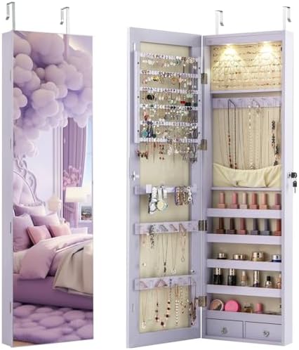 Full Length Mirror Jewelry Armoire - ตู้เก็บเครื่องประดับแบบติดผนังหรือประตูพร้อมกระจกเต็มตัวขนาด 47.5 นิ้ว, ตู้ล็อคได้พร้อมไฟ LED 2