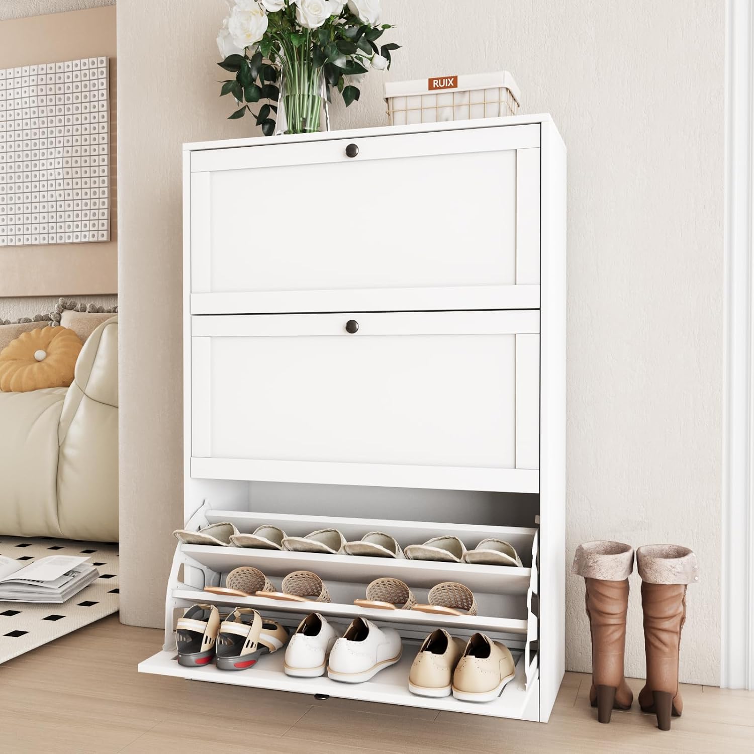 Shoe Rack Cabinet Narrow Entryway - ตู้เก็บรองเท้า, ตู้เก็บของแบบสามลิ้นชัก, ชั้นวางรองเท้าแบบตั้งพื้นสำหรับทางเข้าบ้าน, ตู้ไม้พร้อมชั้นวางปรับระดับได้, ชั้นวางสำหรับทางเดินแคบสไตล์โมเดิร์น, สีขาวเรียบง่ายสะอาดตา