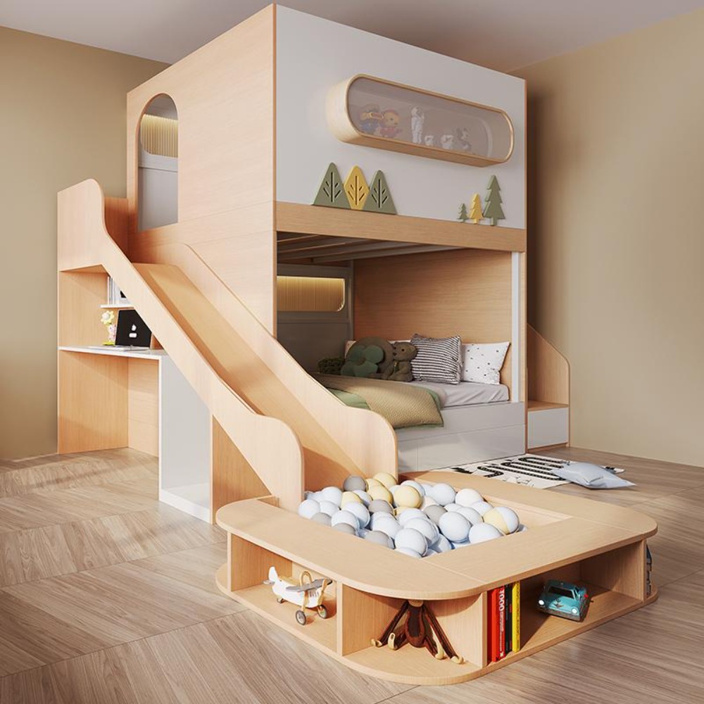 Bunk Bed With Stairs And Slide - เตียงสองชั้นทรงแคปซูลอวกาศพร้อมสไลเดอร์และบ่อบอลสำหรับเด็ก โครงเตียงคู่แบบสูง-ต่ำพร้อมบันไดสำหรับห้องนอน