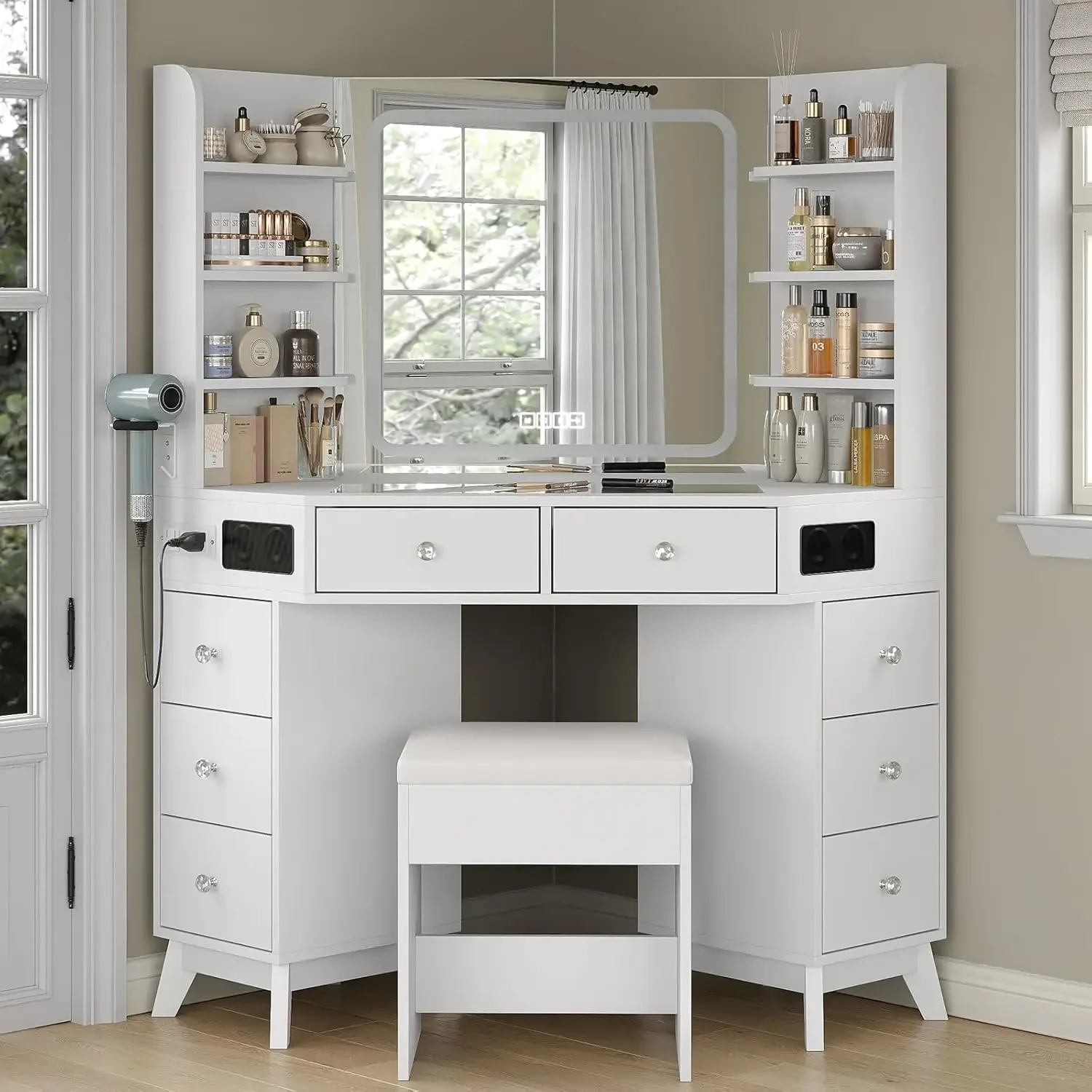 Dressing Table Vanity With Lighted Mirror - โต๊ะเครื่องแป้งเข้ามุมพร้อมลิ้นชัก ชั้นวางของ กระจกแต่งหน้า ไฟส่องสว่าง โต๊ะเครื่องแป้งสีขาวสำหรับห้องนอน