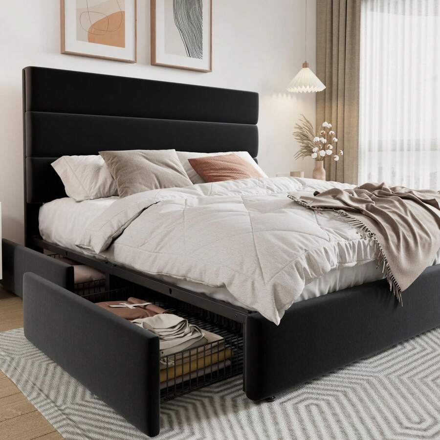 King Size Bed Frame With Storage Drawers - โครงเตียงขนาดฟูล/ควีน/คิงไซส์ พร้อมลิ้นชักเก็บของ 4 ช่อง และหัวเตียงหุ้มกำมะหยี่, แผ่นรองรับทำจากไม้,