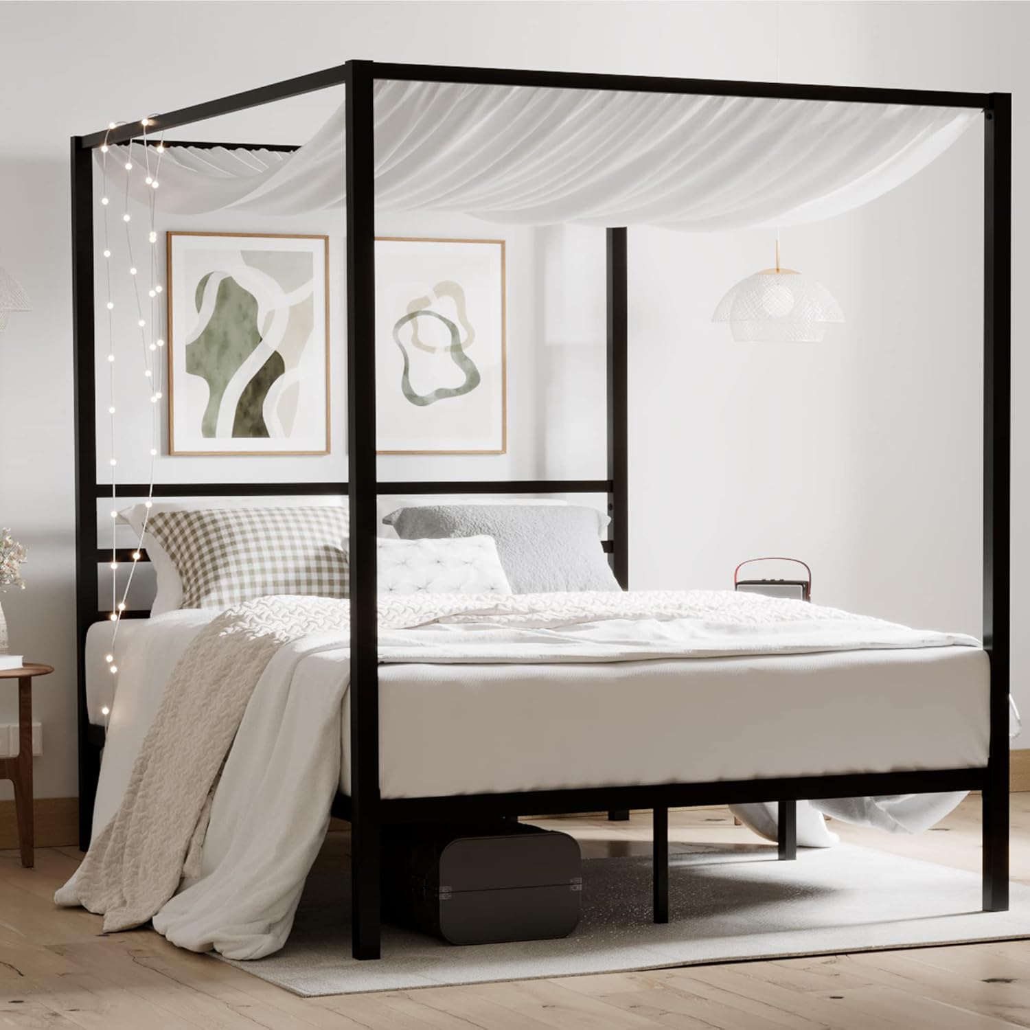 Canopy Bed Frame Metal Queen - โครงเตียงโลหะแบบมีหลังคา รุ่น Queen แข็งแรงทนทาน พร้อมพื้นที่เก็บของ ฐานรองเตียงทำจากฟองน้ำ