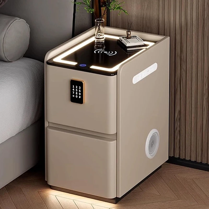 Solid Wood Nightstand 2 Drawers - โต๊ะข้างเตียงพร้อมพอร์ต USB ไฟ LED ระบบล็อคด้วยรหัส โต๊ะข้างเตียง