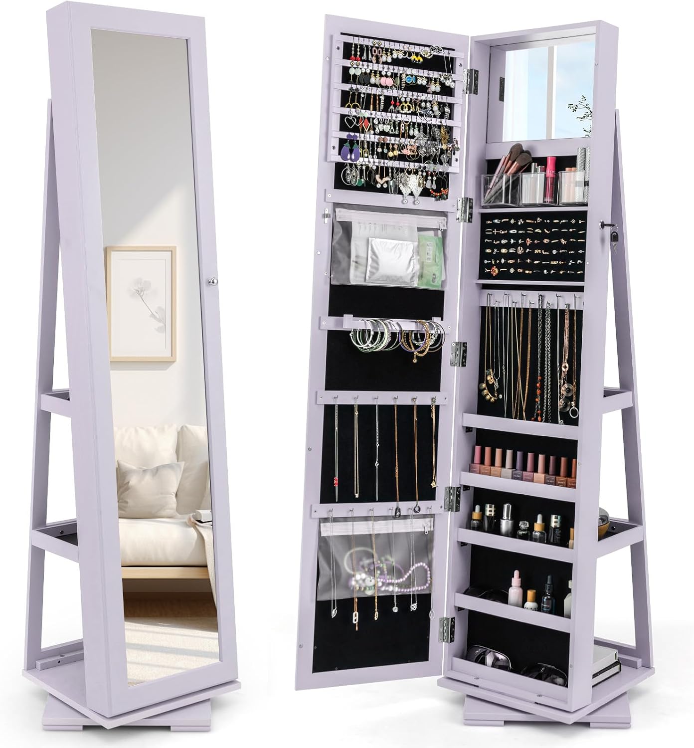 Full Length Mirror Jewelry Armoire - ตู้เก็บเครื่องประดับแบบหมุนได้ 360 องศา พร้อมกระจกเต็มตัว ตู้เก็บเครื่องประดับแบบมีล็อค ความจุขนาดใหญ่ภายใน