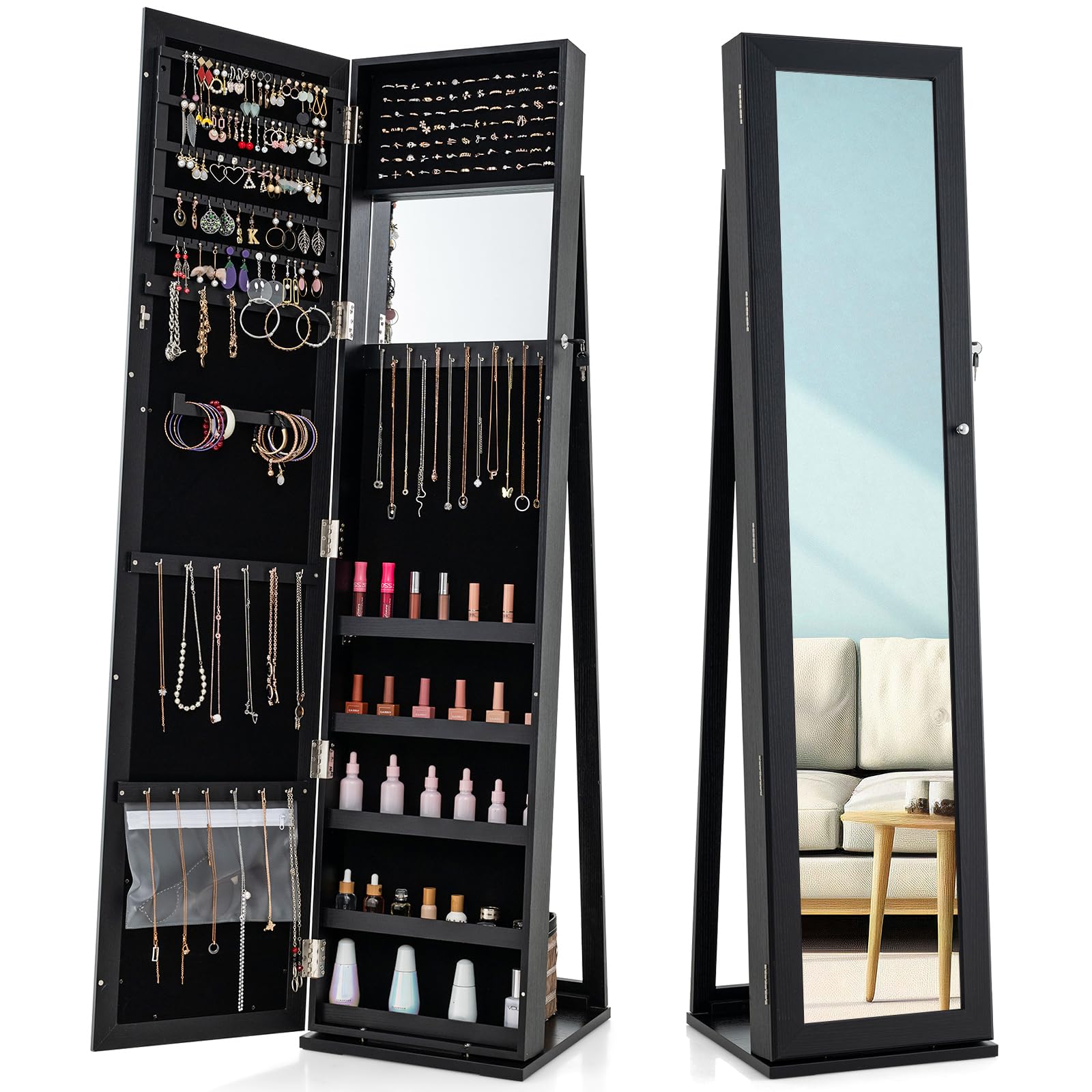 Full Length Mirror Jewelry Armoire - ตู้เก็บเครื่องประดับพร้อมกระจกเงาเต็มตัวสูง 62 นิ้ว, ตู้เก็บเครื่องประดับแบบตั้งพื้นพร้อมระบบล็อคและพื้นที่จัดเก็บขนาดใหญ่