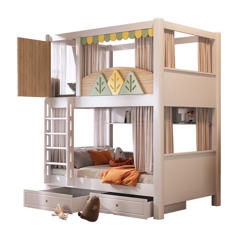 Bunk Bed With Stairs And Slide - เตียงสองชั้นสำหรับเด็กธีมธรรมชาติสมัยใหม่ พร้อมสไลเดอร์ บันไดเก็บของ ลิ้นชัก และชั้นวางหนังสือ