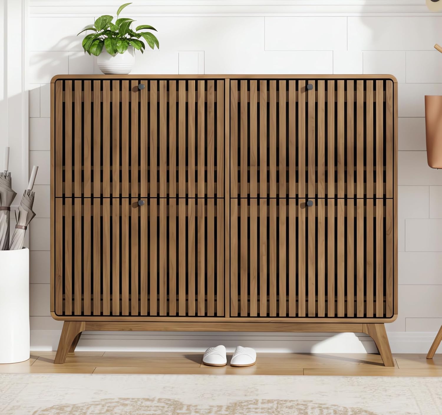 Shoe Rack Cabinet Narrow Entryway - # ตู้เก็บรองเท้าไม้ไผ่ขนาดใหญ่ 4 ลิ้นชักแบบพับได้ ชั้นวางของทรงเพรียวบางสำหรับทางเข้าบ้าน/โถงทางเดิน ตู้เก็บของไม้บาง