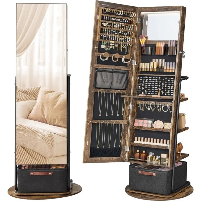 Full Length Mirror Jewelry Armoire - 360 ° ตู้เก็บเครื่องประดับแบบมีกระจกหมุนพร้อมไฟ, กระจกเต็มตัวพร้อมที่เก็บเครื่องประดับ, ตู้เก็บเครื่องประดับแบบตั้งพื้น