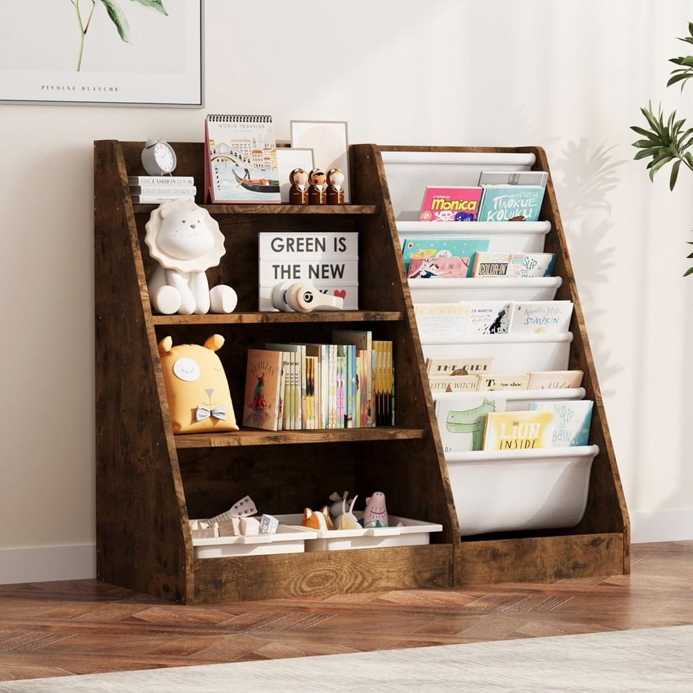Storage - ชั้นวางหนังสือไม้สำหรับเด็กเล็ก 4 ชั้น พร้อมช่องเก็บของแบบแขวน 5 ช่อง