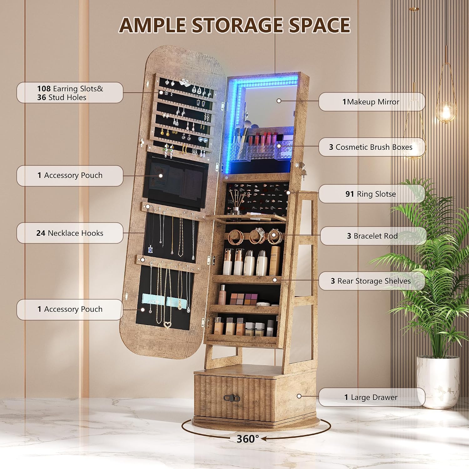 ตู้เก็บเครื่องประดับแบบหมุนได้ - Full Length Mirror Jewelry Armoire บทวิจารณ์และราคา