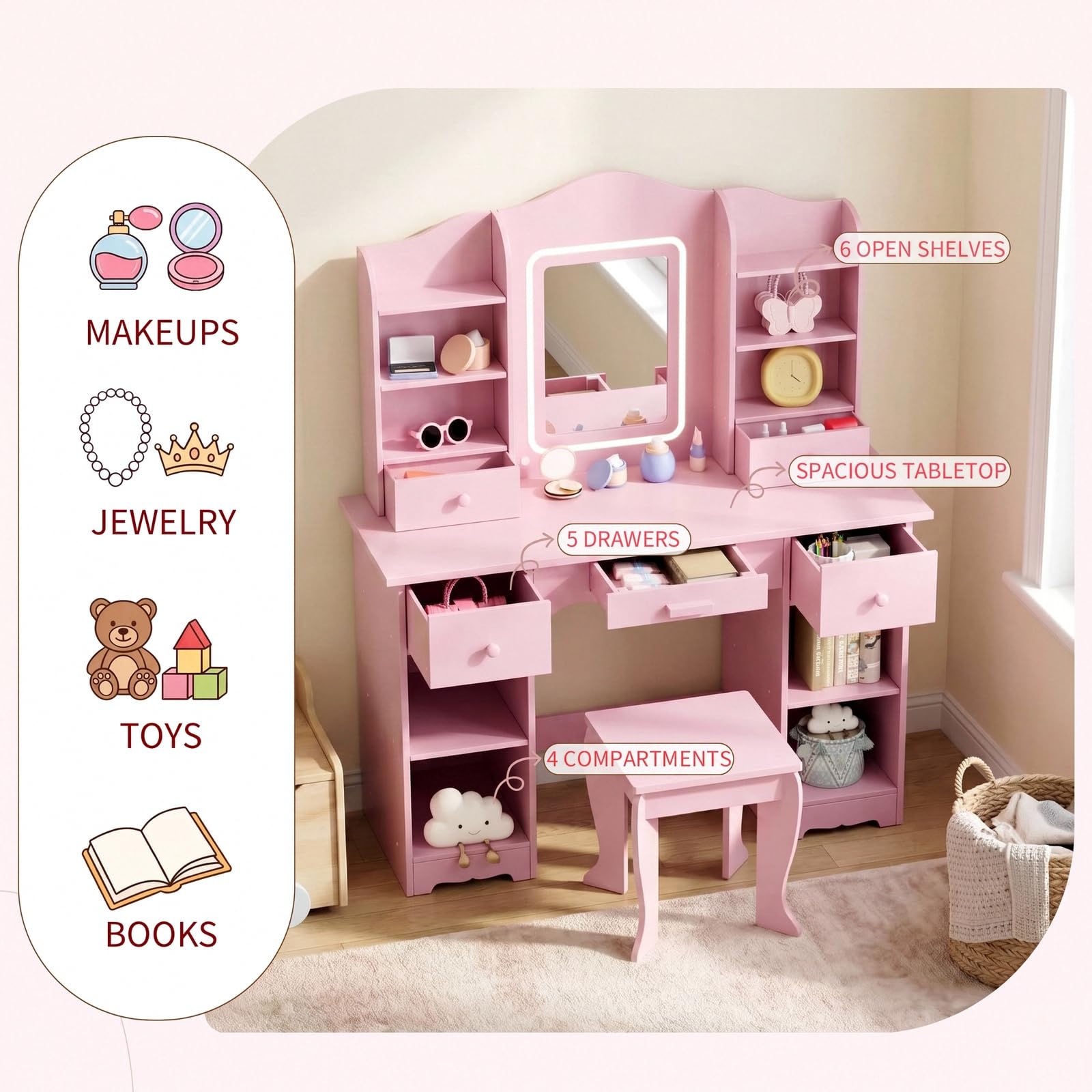 โต๊ะเครื่องแป้งสำหรับเด็กพร้อม - Dressing Table Vanity With Lighted Mirror บทวิจารณ์และราคา