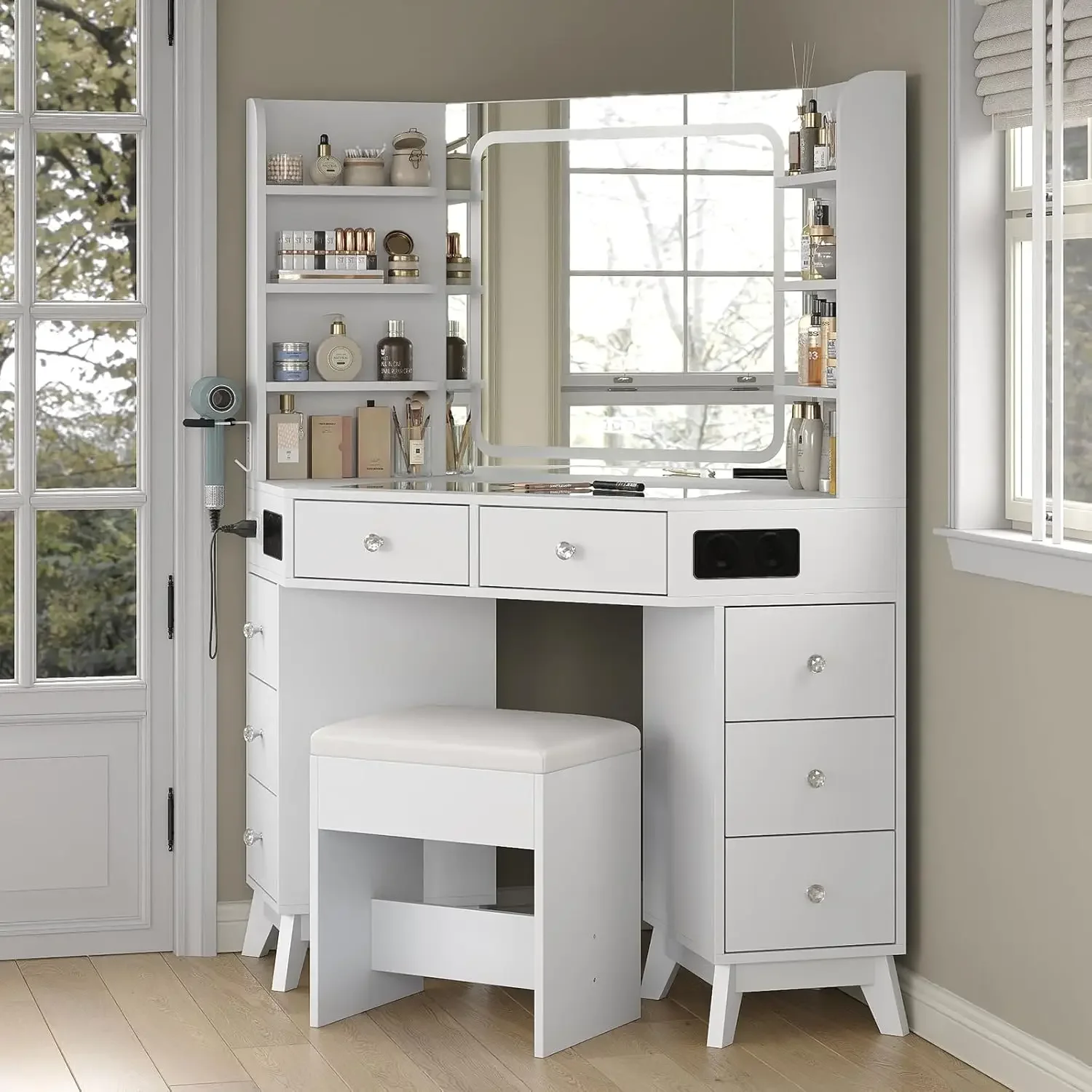 โต๊ะเครื่องแป้งเข้ามุมพร้อมลิ้ - Dressing Table Vanity With Lighted Mirror บทวิจารณ์และราคา
