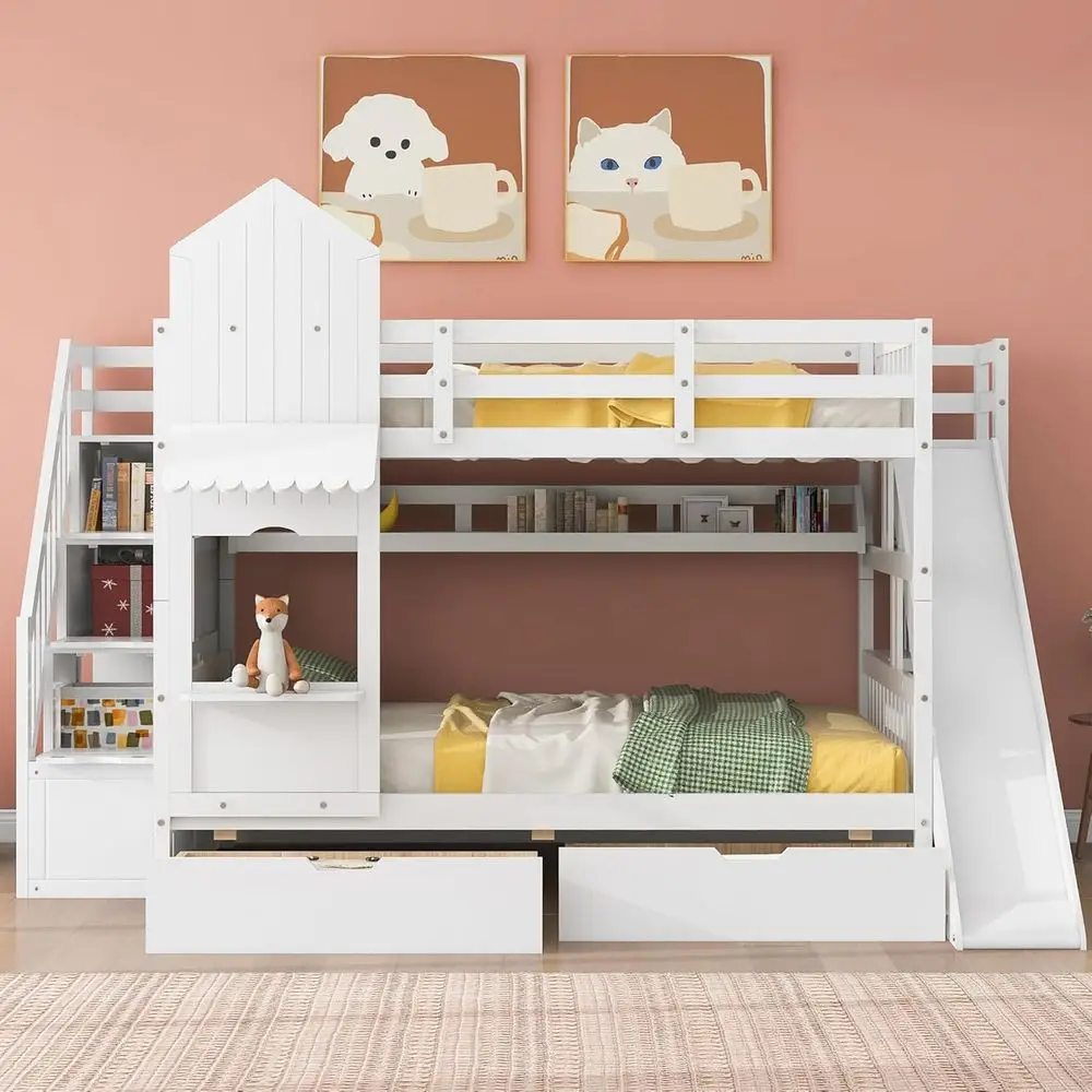 เตียงสองชั้นสำหรับเด็กสีขาวพร้ - Bunk Bed With Stairs And Slide บทวิจารณ์และราคา
