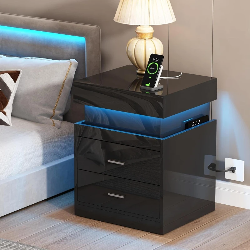 โต๊ะข้างเตียง LED พร้อมสถานีชา - Solid Wood Nightstand 2 Drawers บทวิจารณ์และราคา